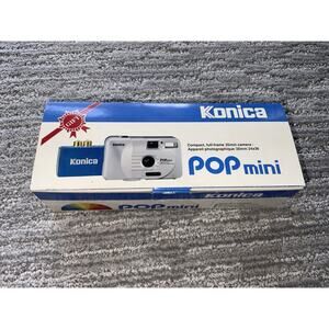 Vintage Konica POP Mini 35mm Compact Camera IN BOX Focus Free Flash Manual Strap